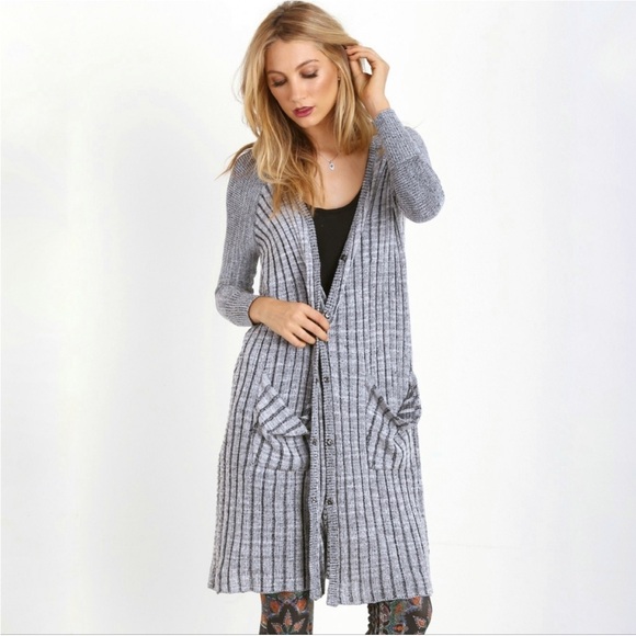 Free People Shadow Stripe Knit Duster Cardigan | Grey | Medium - Picture 2 of 6